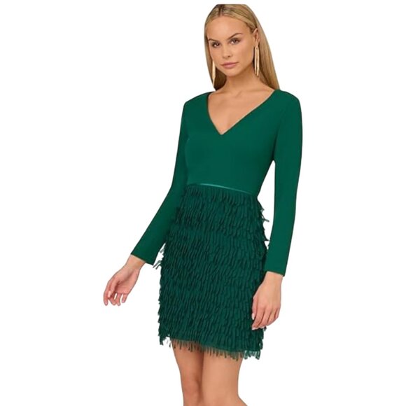NWT Women’s Adrianna Papell Fringed Crepe & Chiffon Mini Dress Green Size 12 - Picture 1 of 6